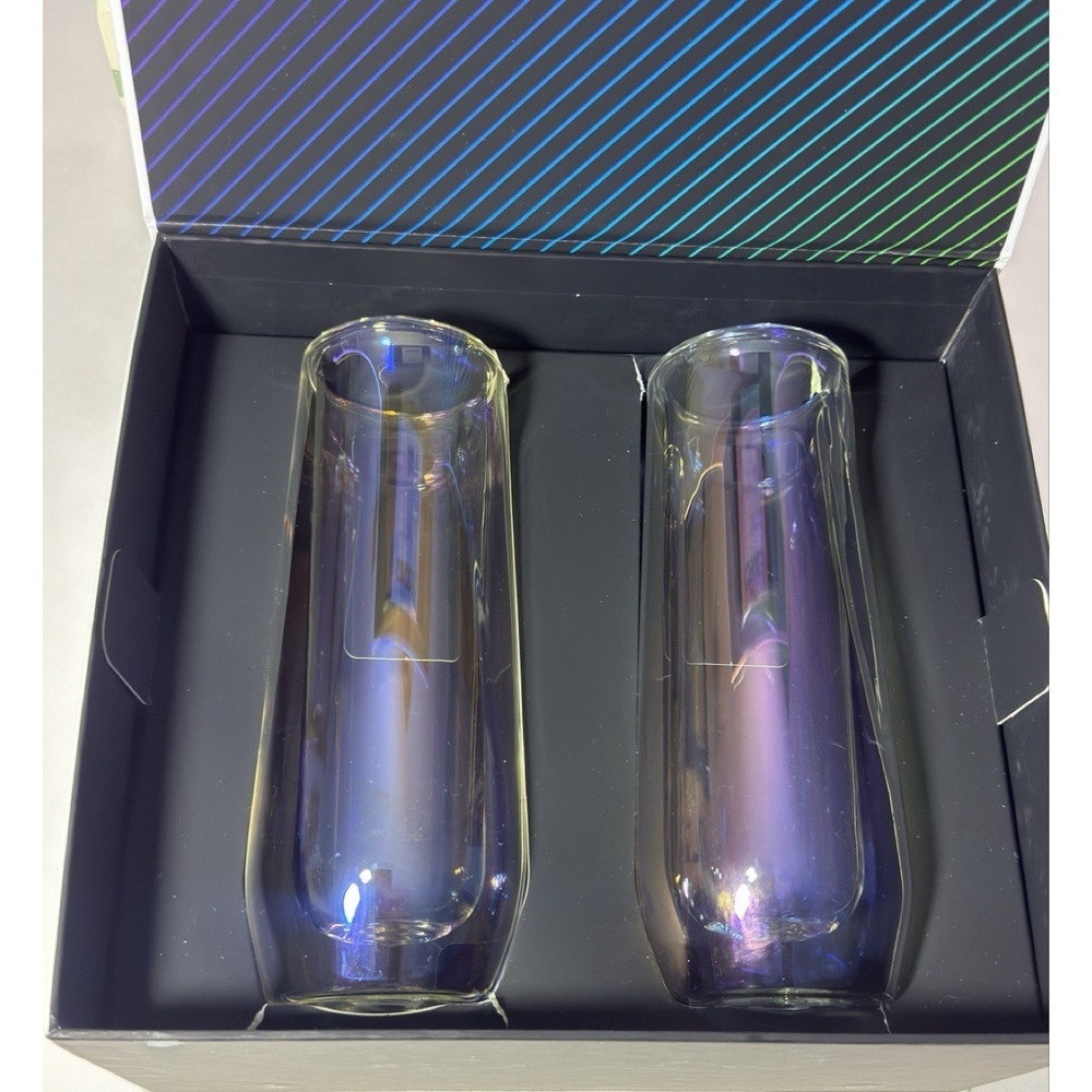 Corkcicle Glass Flute Set Prism Double Wall Stemless Flute Glasses Iridescent